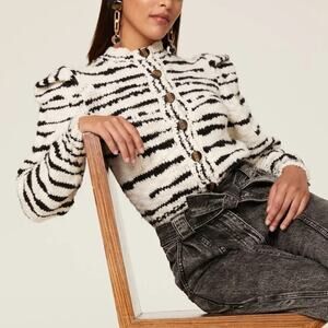 Ulla Johnson Skye Cardigan Animal Print Puff Sleeve Merino Wool Neutral Black S